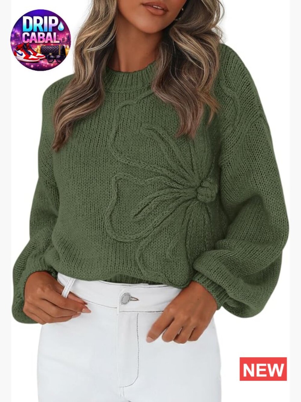 Women's Chunky Knit Crew Neck Lantern Long Sleeve Pullover Sweater